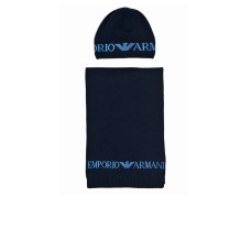 EMPORIO ARMANI SET CAPPELLO E SCIARPA BLUE IN MISTO LANA CON LOGO LETTERING SKY BLUE