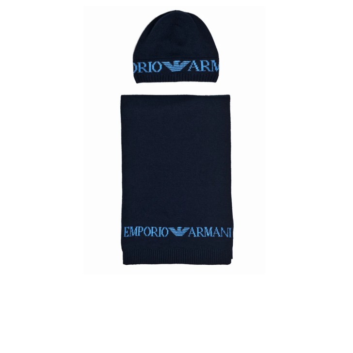 EMPORIO ARMANI SET CAPPELLO E SCIARPA BLUE IN MISTO LANA CON LOGO LETTERING SKY BLUE