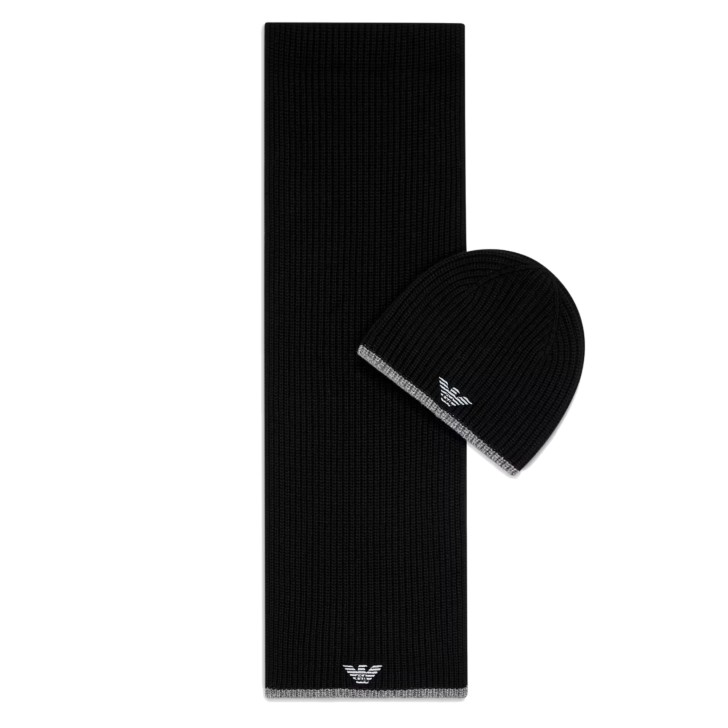 EMPORIO ARMANI SET SCIARPA E BERRETTO BLACK IN MISTO LANA CON LOGO EAGLE RICAMATO GREY