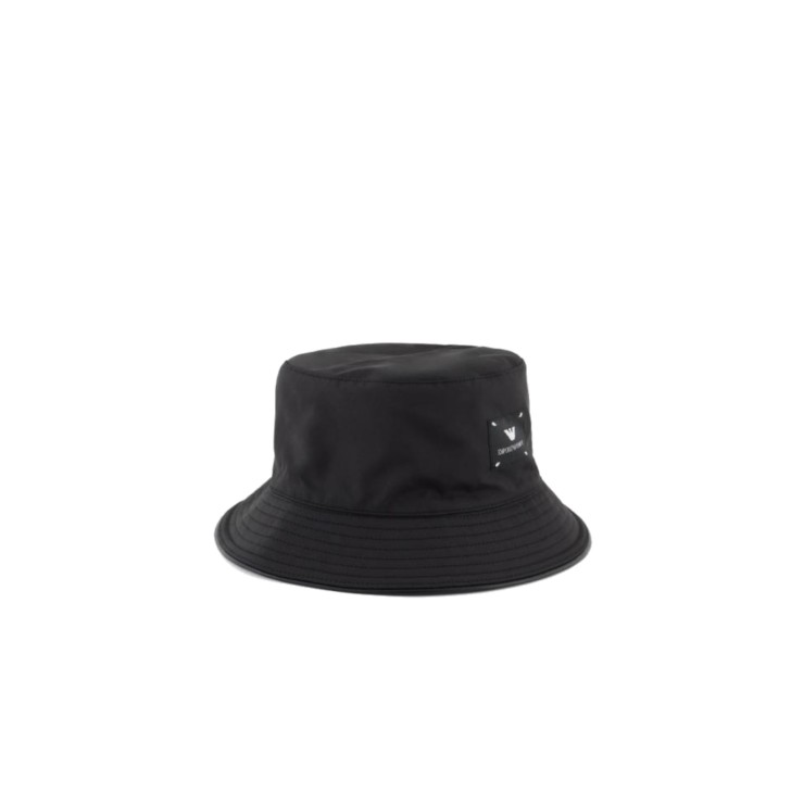 EMPORIO ARMANI CLOCHE UNISEX IN NYLON BLACK CON PATCH CON LOGO LETTERING WHITE DOUBLE-FACE CON LOGO LETTERING ALL OVER