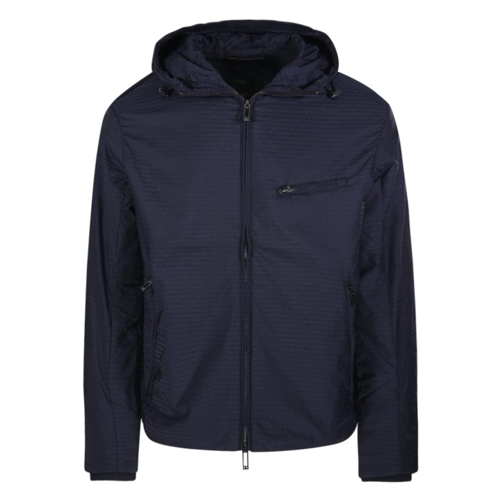 EMPORIO ARMANI BLOUSON BLUE CON CAPPUCCIO IN NYLON LIGHT JACQUARD LETTERING ALL OVER	