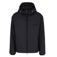 EMPORIO ARMANI BLOUSON BLACK CON CAPPUCCIO IN NYLON LIGHT JACQUARD LETTERING ALL OVER