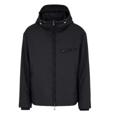 EMPORIO ARMANI BLOUSON BLACK CON CAPPUCCIO IN NYLON LIGHT JACQUARD LETTERING ALL OVER