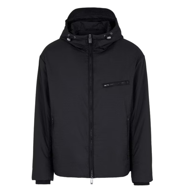 EMPORIO ARMANI BLOUSON BLACK CON CAPPUCCIO IN NYLON LIGHT JACQUARD LETTERING ALL OVER