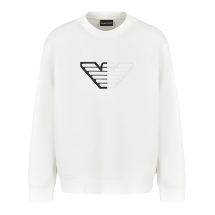 EMPORIO ARMANI FELPA REGULAR FIT WHITE IN DOUBLE JERSEY CON MAXI AQUILA BICOLOR EMBOSSED SU FONDO CHEVRON	