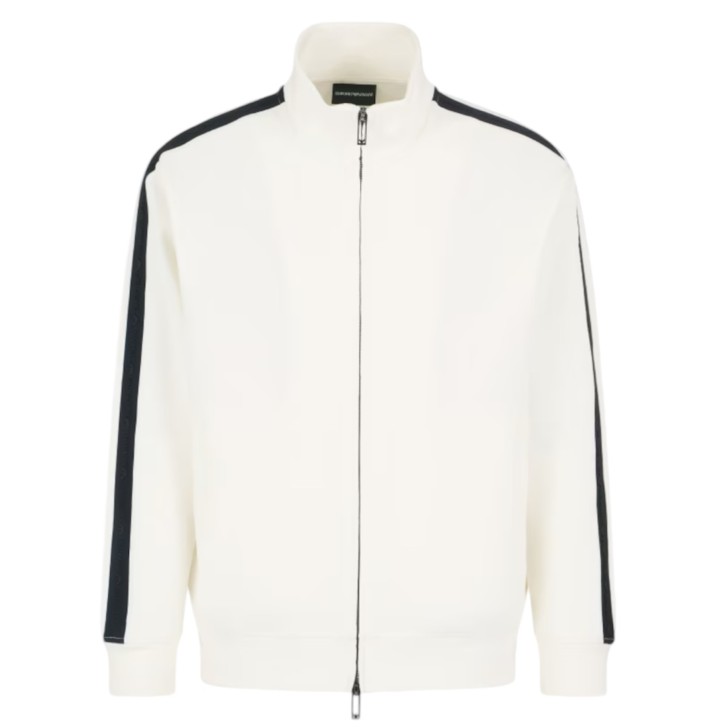 EMPORIO ARMANI FELPA FULL ZIP IN DOUBLE JERSEY DI MISTO COTONE WHITE CON BANDE BLACK CON LOGO LETTERING A RILIEVO	