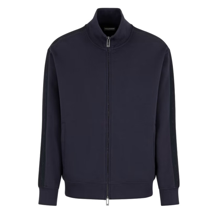 EMPORIO ARMANI FELPA FULL ZIP IN DOUBLE JERSEY DI MISTO COTONE BLU NAVY CON BANDE CON LOGO LETTERING A RILIEVO