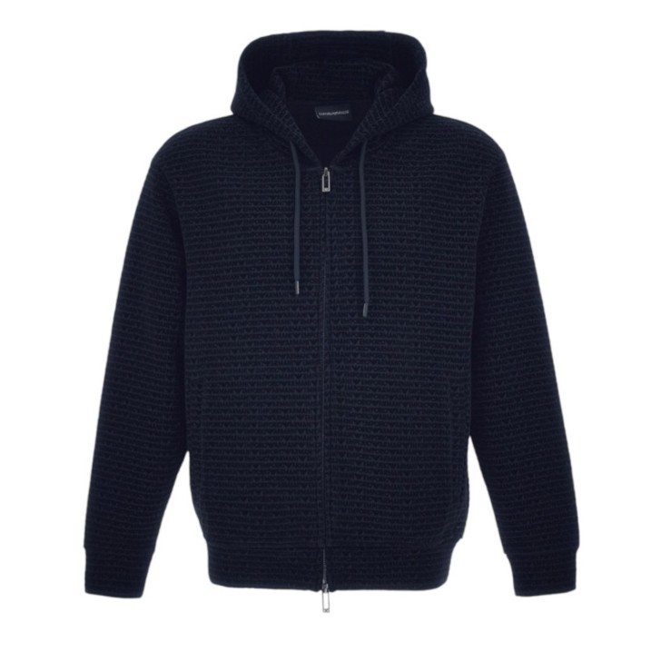 EMPORIO ARMANI FELPA FULL ZIP CON CAPPUCCIO BLUE CON LOGO LETTERING ALL OVER	