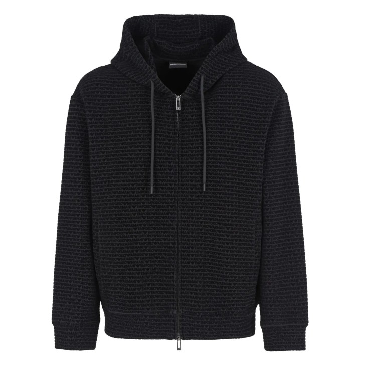 EMPORIO ARMANI FELPA FULL ZIP CON CAPPUCCIO BLACK CON LOGO LETTERING ALL OVER