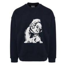 EMPORIO ARMANI FELPA GIROCOLLO OVER FIT BLUE IN JERSEY FRENCH TERRY CON MAXI RICAMATO WHITE FRENCH BULLDOG