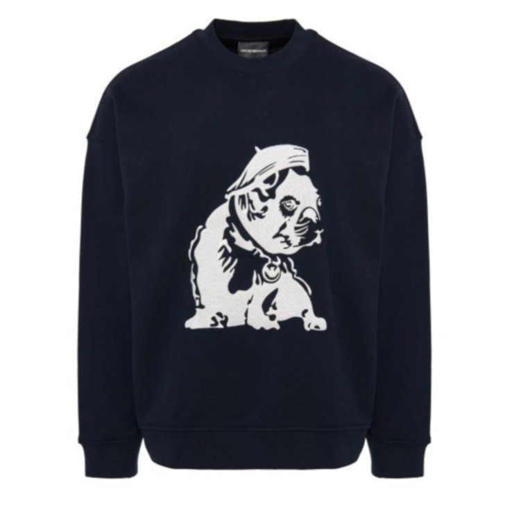 EMPORIO ARMANI FELPA GIROCOLLO OVER FIT BLUE IN JERSEY FRENCH TERRY CON MAXI RICAMATO WHITE FRENCH BULLDOG