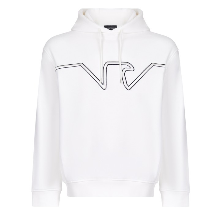 EMPORIO ARMANI FELPA REGULAR FIT IN JERSEY WHITE CON CAPPUCCIO E LOGO EAGLE BOMBATO A RILIEVO