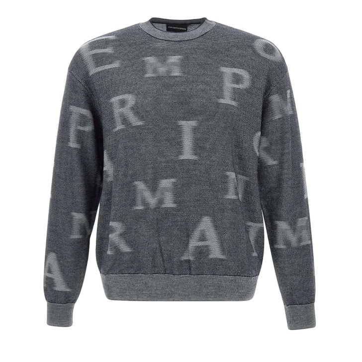 EMPORIO ARMANI PULLOVER GIROCOLLO REGULAR FIT BLUE IN LANA CON LOGO LETTERING ALL OVER GREY SFOGATO 