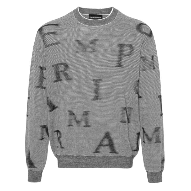 EMPORIO ARMANI PULLOVER GIROCOLLO REGULAR FIT GREY IN LANA CON LOGO LETTERING ALL OVER BLUE SFOGATO	