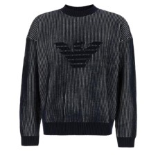 EMPORIO ARMANI MAGLIONE GIROCOLLO IN MISTO LANA VERGINE A COSTE INGLESI BICOLOR CON LOGO EAGLE