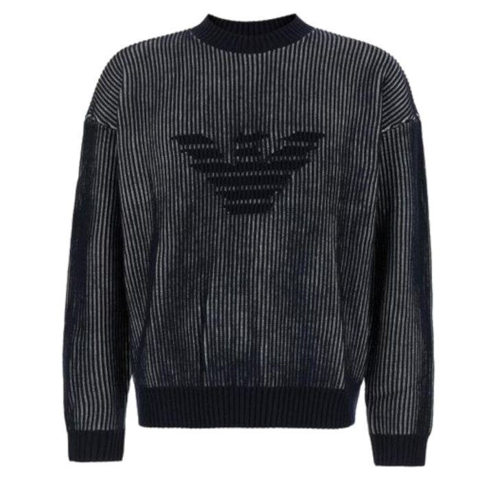 EMPORIO ARMANI MAGLIONE GIROCOLLO IN MISTO LANA VERGINE A COSTE INGLESI BICOLOR CON LOGO EAGLE