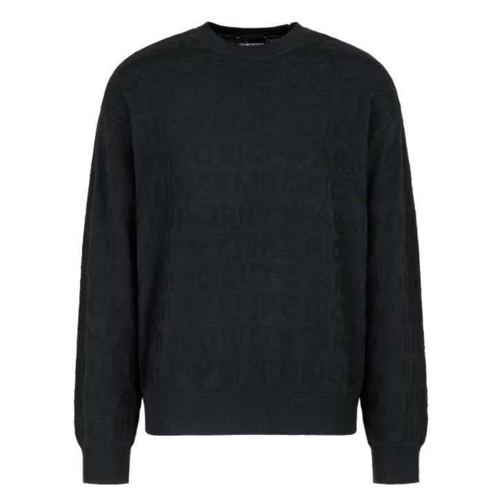 EMPORIO ARMANI MAGLIONE IN LANA VERGINE BLACK MOTIVO LINKS CON INSTARSIO LOGO LETTERING ALL OVER