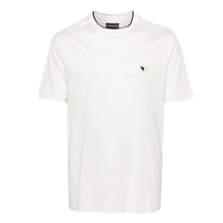 EMPORIO ARMANI T-SHIRT A GIROCOLLO WHITE IN MISTO LYOCELL A MANICA CORTA CON PATCH LOGO EAGLE BICOLOR	