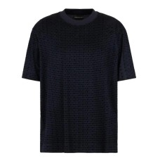 EMPORIO ARMANI T-SHIRT GIROCOLLO A MANICA CORTA BLUE IN LYOCELL CON LOGO LETTERING ALL OVER