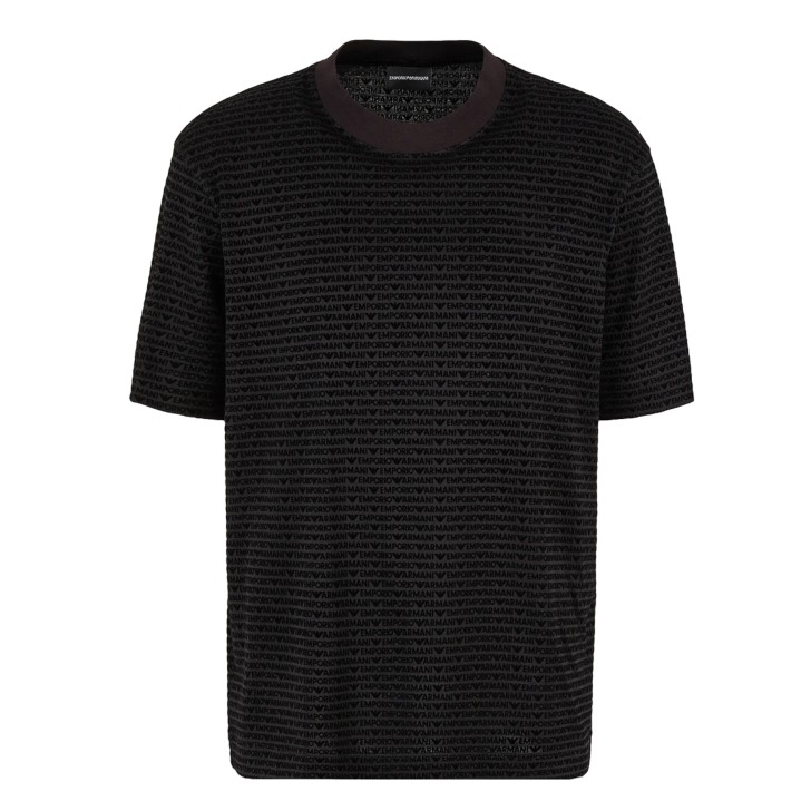 EMPORIO ARMANI T-SHIRT GIROCOLLO A MANICA CORTA BLACK IN LYOCELL CON LOGO LETTERING ALL OVER	