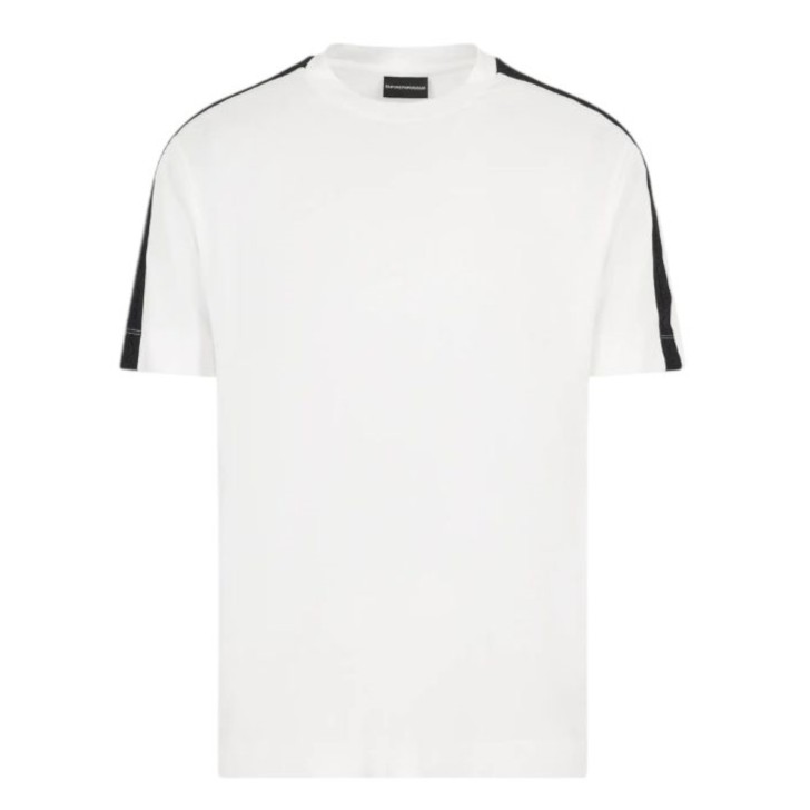 EMPORIO ARMANI T-SHIRT GIROCOLLO A MANICA CORTA WHITE IN JERSEY MISTO LYOCELL ASV CON BANDE BLACK CON LOGO LETTERING A RILIEVO	