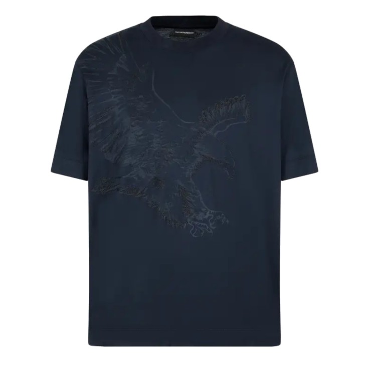 EMPORIO ARMANI T-SHIRT GIROCOLLO IN LYOCELL A MANICA CORTA BLUE CON MAXI AQUILA RICAMATO