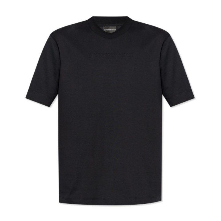 EMPORIO ARMANI T-SHIRT IN COTONE A MANICA CORTA BLUE CON LOGO LETTERING TONO SU TONO 