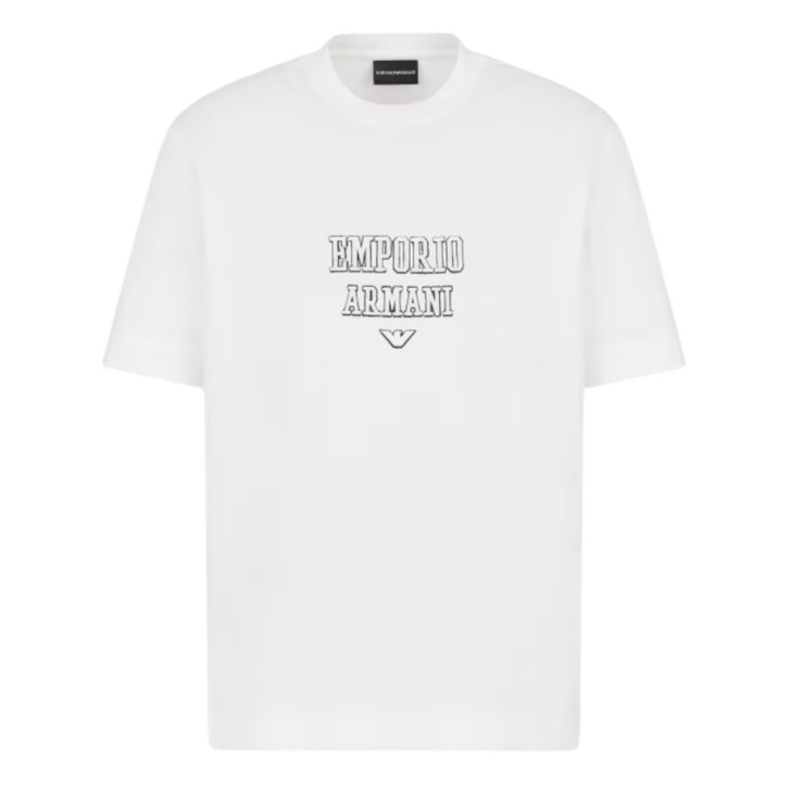 EMPORIO ARMANI T-SHIRT REGULAR FIT A MANICA CORTA WHITE IN JERSEY HEAVY CON RICAMO LOGO LETTERING A RILIEVO ASV	