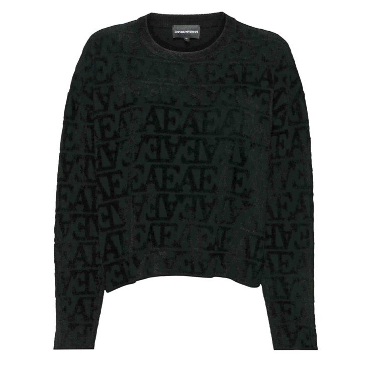 EMPORIO ARMANI MAGLIONCINO GIROCOLLO BLACK CON LOGO LETTERING ALL OVER TONO SU TONO 