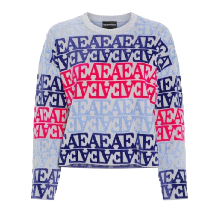 EMPORIO ARMANI MAGLIONCINO GIROCOLLO SKY BLUE CON LOGO LETTERING ALL OVER MULTICOLOR