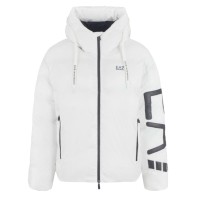 EA7 EMPORIO ARMANI BOMBER JACKET OVERSIZE CON CAPPUCCIO IN TESSUTO TECNICO WHITE E MAXI LOGO LETTERING BLACK