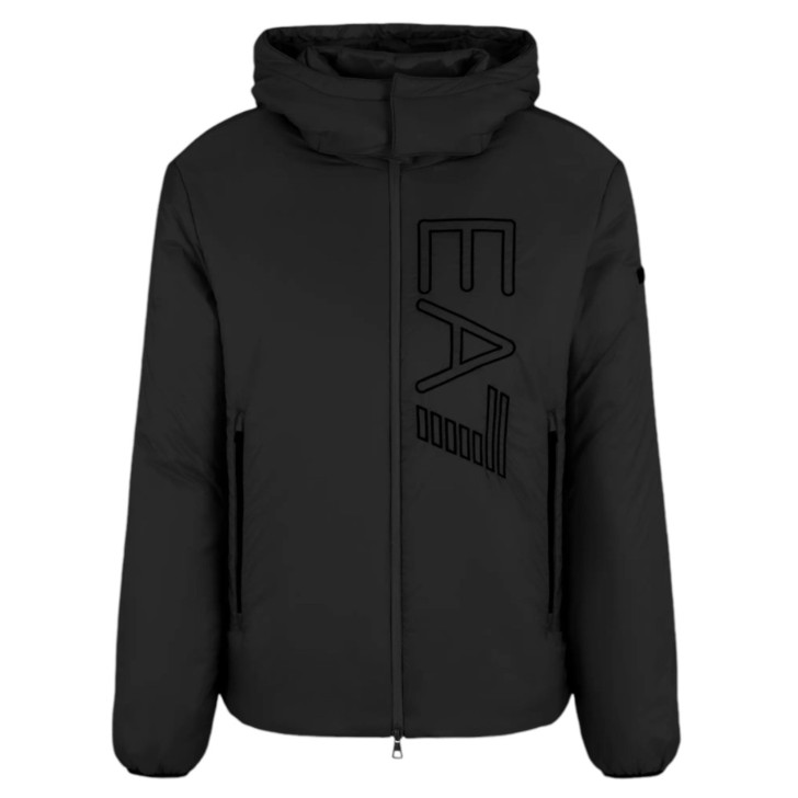 EA7 EMPORIO ARMANI BOMBER JACKET BLACK CON CAPPUCCIO ESTRAIBILE E MAXI LOGO LETTERING RICAMATO TONO SU TONO 