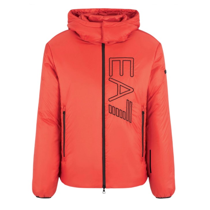 EA7 EMPORIO ARMANI BOMBER JACKET ORANGE CON CAPPUCCIO ESTRAIBILE E MAXI LOGO LETTERING RICAMATO BLACK