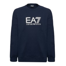 EA7 EMPORIO ARMANI FELPA GIROCOLLO IN MISTO COTONE BLUE CON LOGO LETTERING STAMPATO 