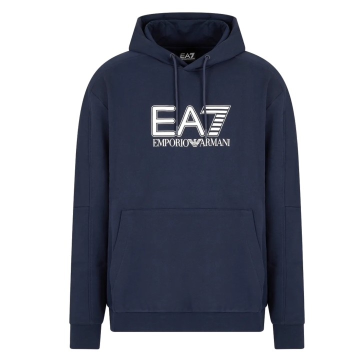 EA7 EMPORIO ARMANI FELPA CON CAPPUCCIO IN MISTO COTONE BLUE CON LOGO LETTERING 