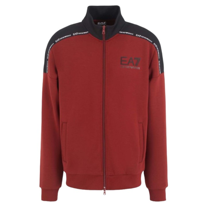 EA7 EMPORIO ARMANI FELPA A COLLO ALTO FULL ZIP BORDEAUX CON LOGO LETTERING E BANDE BLACK CON LOGO LETTERING