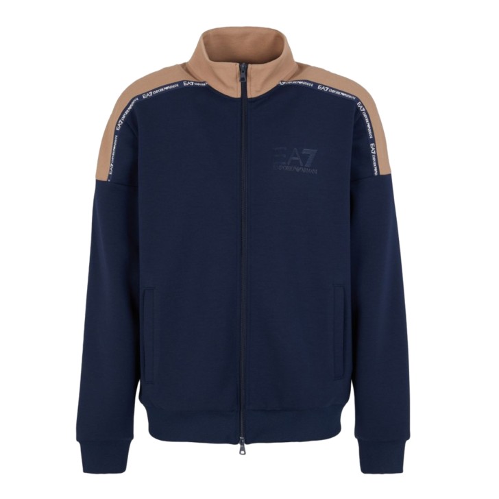 EA7 EMPORIO ARMANI FELPA A COLLO ALTO FULL ZIP BLUE CON LOGO LETTERING E BANDE BEIGE CON LOGO LETTERING	