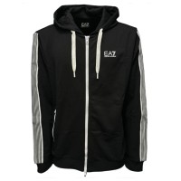 EA7 EMPORIO ARMANI FELPA FULL ZIP CON CAPPUCCIO BLACK IN MISTO COTONE RICICLATO ASV CON LOGO LETTERING WHITE