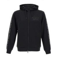 EA7 EMPORIO ARMANI FELPA FULL ZIP BLACK CON CAPPUCCIO E BANDE CON LOGO LETTERING WHITE 