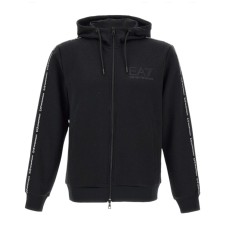 EA7 EMPORIO ARMANI FELPA FULL ZIP BLACK CON CAPPUCCIO E BANDE CON LOGO LETTERING WHITE 