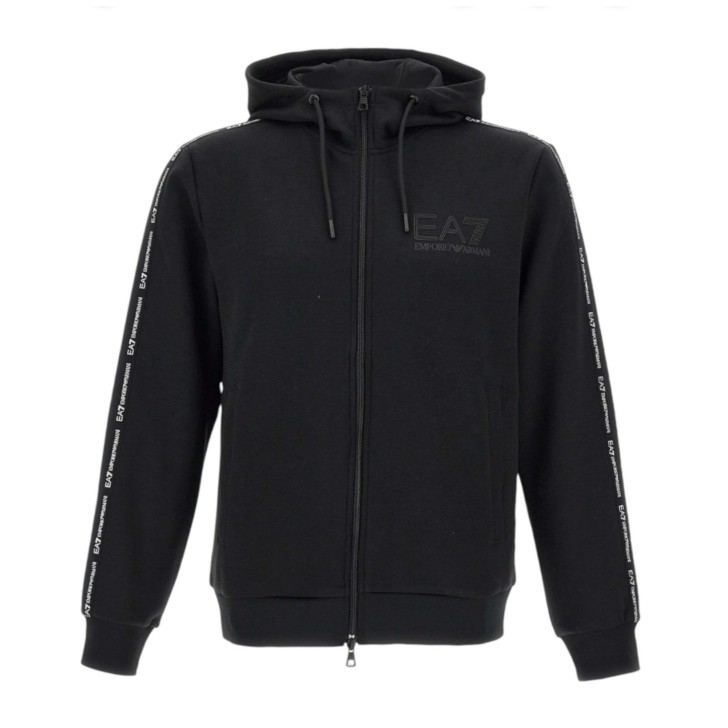 EA7 EMPORIO ARMANI FELPA FULL ZIP BLACK CON CAPPUCCIO E BANDE CON LOGO LETTERING WHITE 