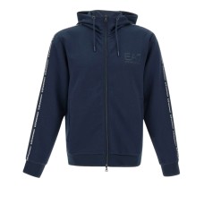 EA7 EMPORIO ARMANI FELPA FULL ZIP BLUE CON CAPPUCCIO E BANDE CON LOGO LETTERING WHITE	