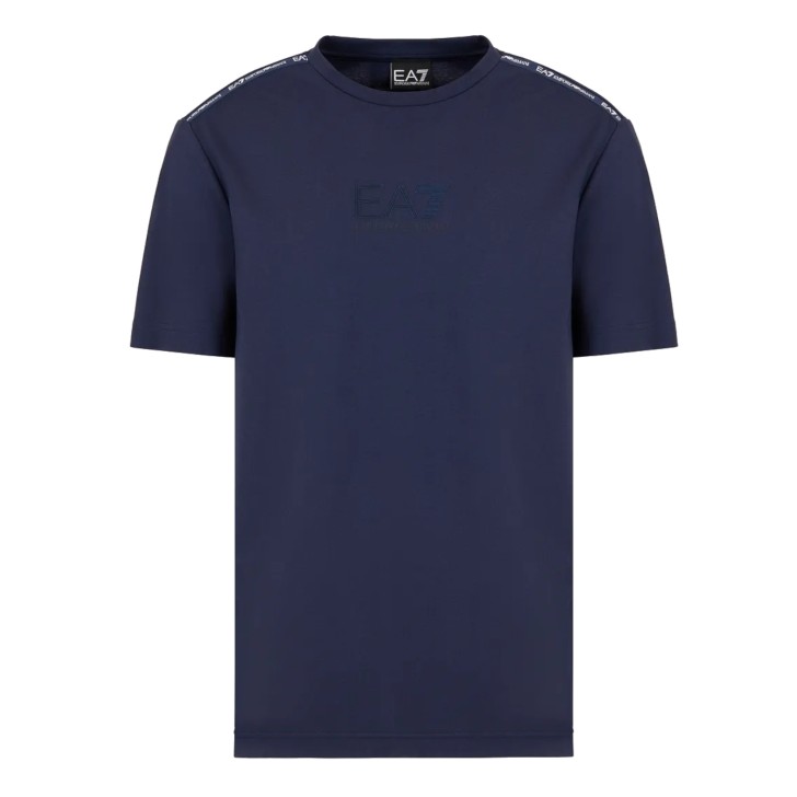 EA7 EMPORIO ARMANI T-SHIRT A MANICA CORTA BLUE IN MISTO VISCOSA STRETCH CON LOGO LETTERING	