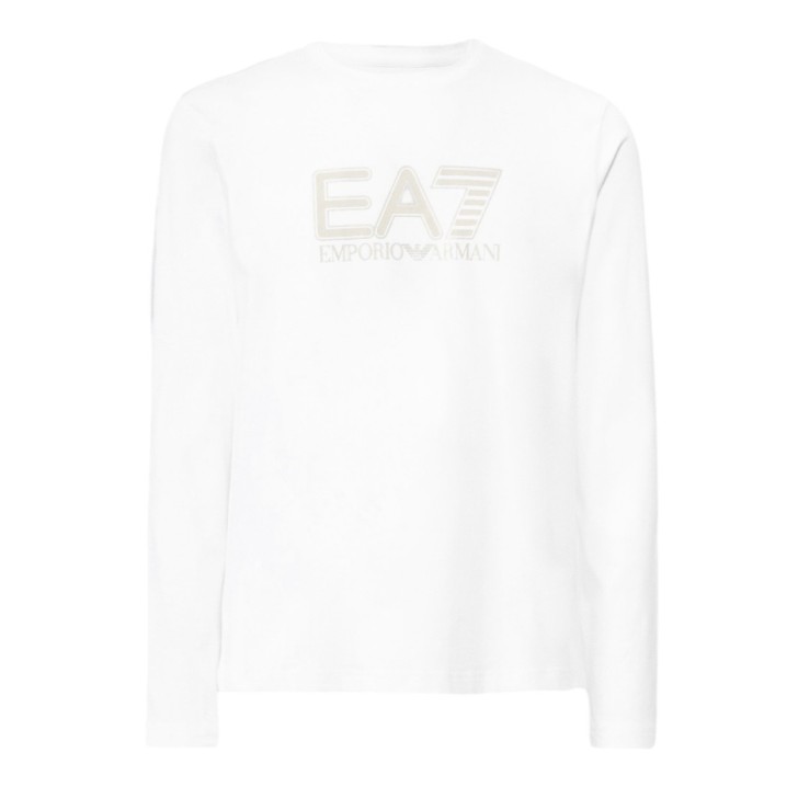 EA7 EMPORIO ARMANI MAGLIA A MANICA LUNGA IN COTONE WHITE CON LOGO LETTERING STAMPATO 