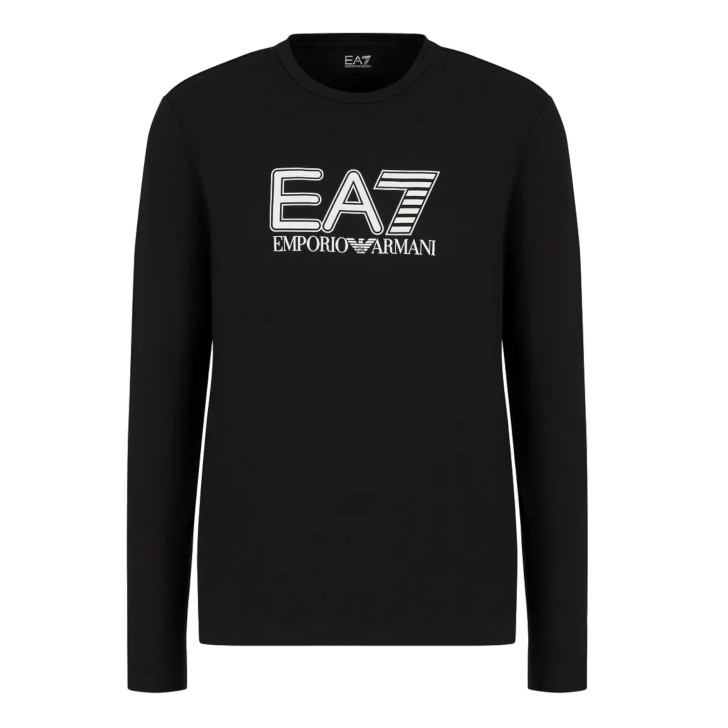 EA7 EMPORIO ARMANI MAGLIA A MANICA LUNGA IN COTONE BLACK CON LOGO LETTERING STAMPATO 