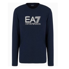 EA7 EMPORIO ARMANI MAGLIA A MANICA LUNGA IN COTONE BLUE CON LOGO LETTERING STAMPATO	