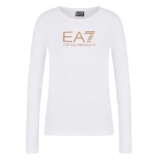 EA7 EMPORIO ARMANI MAGLIA A MANICA LUNGA WHITE IN COTONE STRECH CON LOGO LETTERING STAMPATO