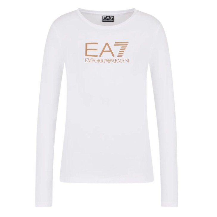 EA7 EMPORIO ARMANI MAGLIA A MANICA LUNGA WHITE IN COTONE STRECH CON LOGO LETTERING STAMPATO