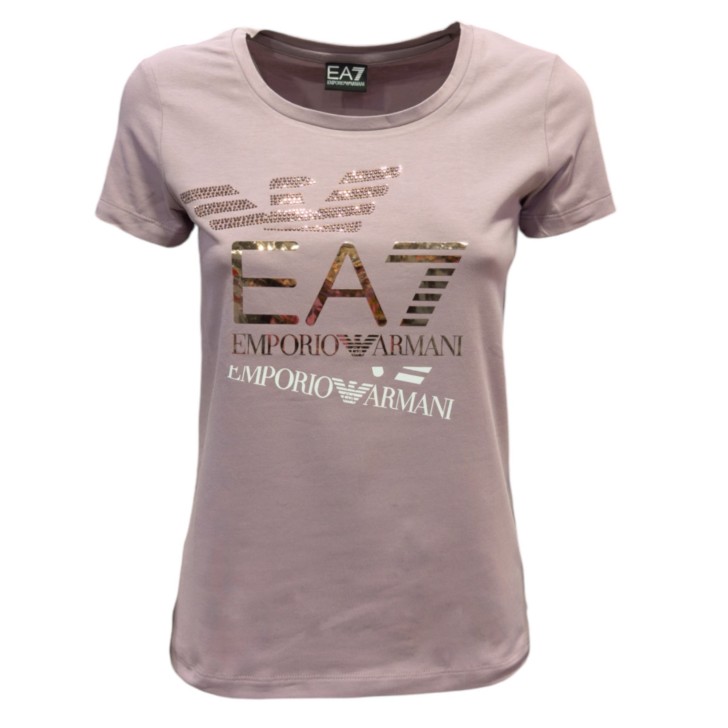 EA7 EMPORIO ARMANI T-SHIRT A MANICA CORTA IN COTONE CON MAXI LOGO LETTERING STAMPATO E IN STRASS	