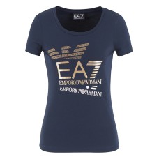 EA7 EMPORIO ARMANI T-SHIRT A MANICA CORTA IN COTONE BLUE CON MAXI LOGO LETTERING STAMPATO E IN STRASS 